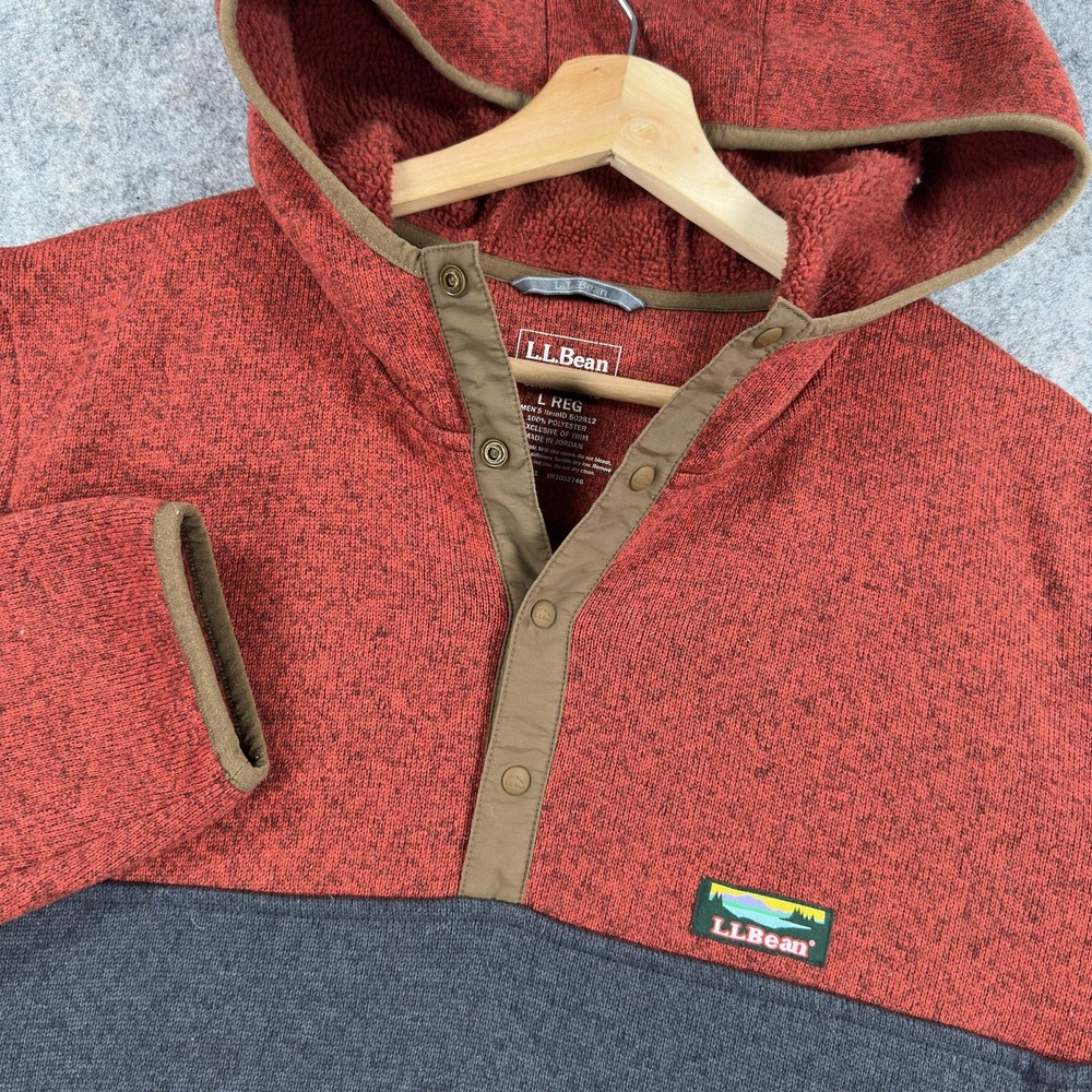 LL Bean Hoodie Mens Large Red Gray Sherpa Fleece Snap Henley Fleece Pullover